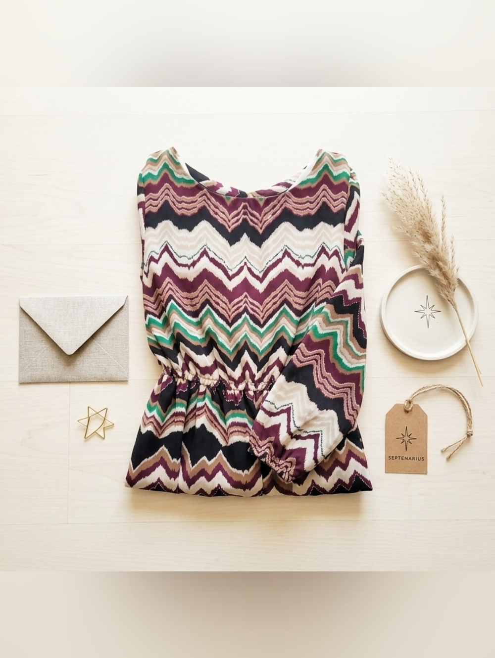 Takara Chevron Zig-Zag Blouson Mini Dress | Size M | Boho Earth Tones - Picture 5 of 7